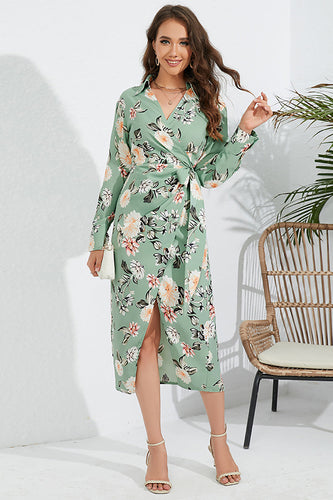 Flower Printed Green Casual Dress with Long Sleeves