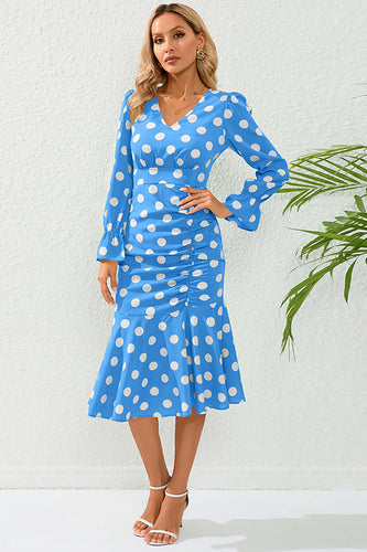 Polka Dots Blue Polka Dots Casual Dress with Long Sleeves