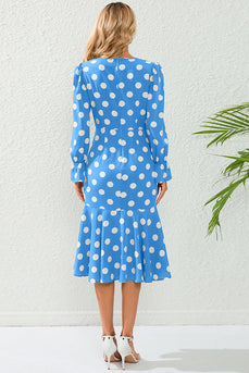 Polka Dots Blue Polka Dots Casual Dress with Long Sleeves