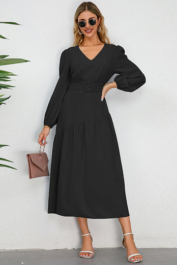 A-Line Long Sleeves Black Casual Dress