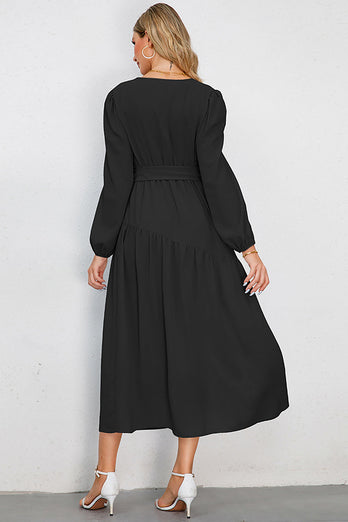 A-Line Long Sleeves Black Casual Dress