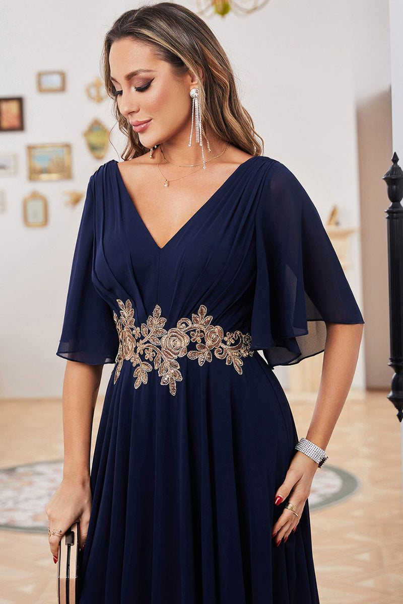 Load image into Gallery viewer, Navy A-line Chiffon V-neck Short Sleeve Mother of Bride Dress