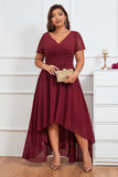 Burgundy A-line V-Neck Chiffon Long Plus Size Mother of Bride Dress