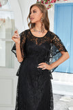 Black Lace A-line Round Neck Short Sleeves Mother of Bride Dress