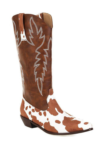 Brown Leopard Chunky Heel High Cowgirl Boots