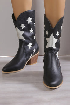 Stars Black Chunky Heel Pointed Toe Western Cowgirl Boots