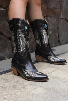 Black Embroidery Mid Calf Chunky Heel Western Cowgirl Boots