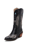 Black Embroidery Mid Calf Chunky Heel Western Cowgirl Boots