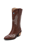 Black Embroidery Mid Calf Chunky Heel Western Cowgirl Boots