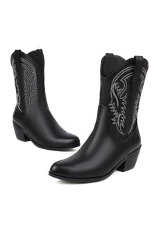 Black Embroidery Chunky Heel Poined Toe Cowgirl Boots