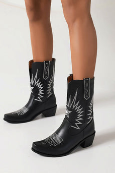 Black Stitching Mid Calf Chunky Heel Western Cowgirl Boots