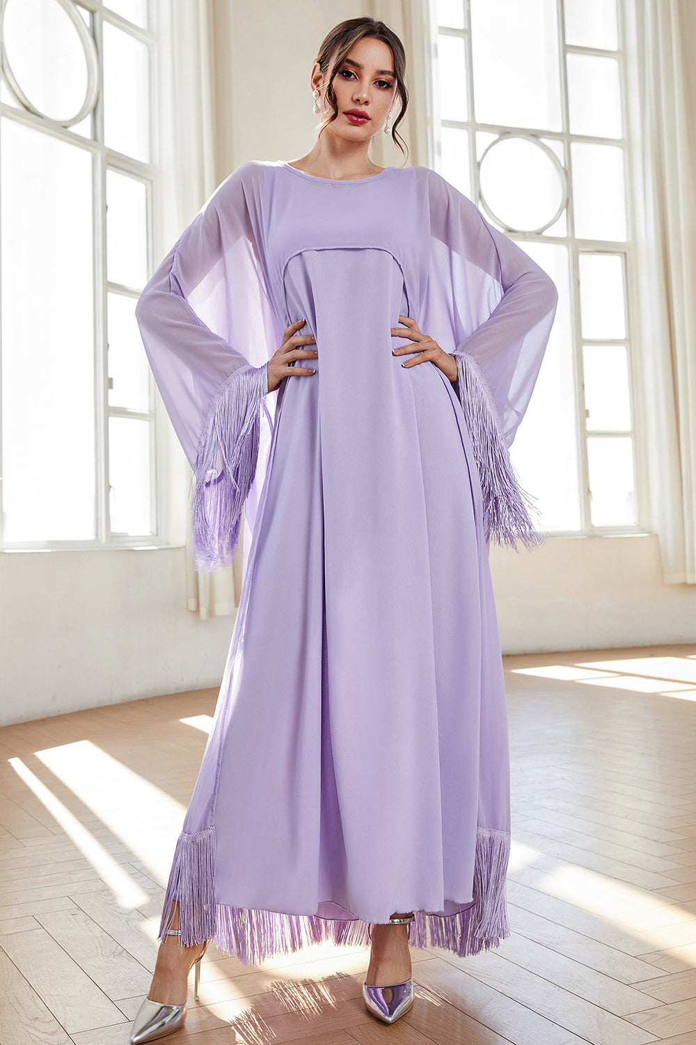 Boat Neck Fringes Lilac Formal Dress with Cape