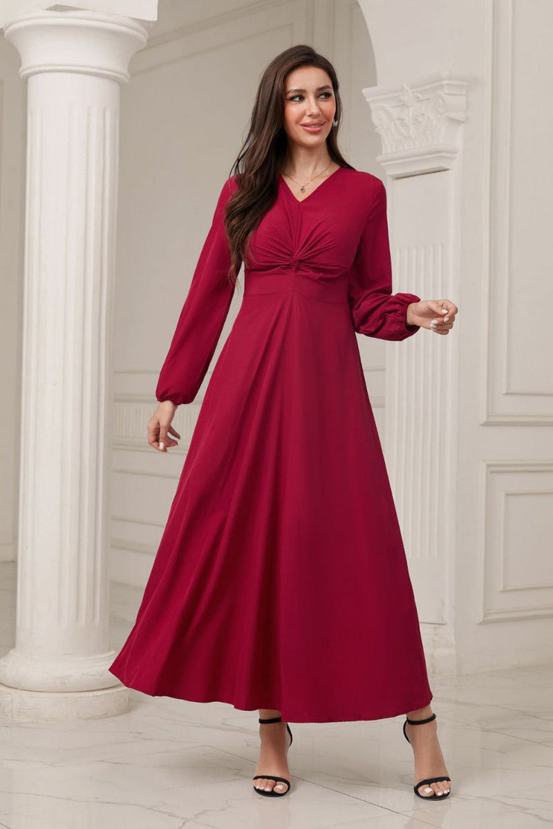 Load image into Gallery viewer, A-Line V-Neck Burgundy Formal Dress with Long Sleeves