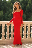 Square Neck Red Corset Formal Dress with Long Sleeves