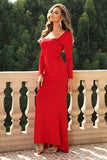 Square Neck Red Corset Formal Dress with Long Sleeves