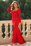 Square Neck Red Corset Formal Dress with Long Sleeves