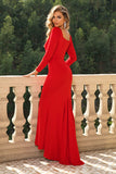 Square Neck Red Corset Formal Dress with Long Sleeves