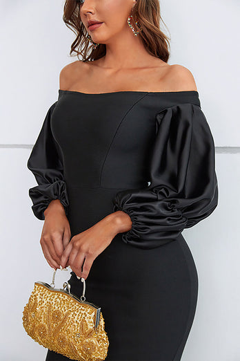 Mermaid Off The Shoulder Black Formal Dress with Puff Sleeves