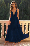 Deep V-Neck Backless Navy Formal Dress