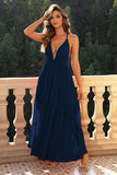 Deep V-Neck Backless Navy Formal Dress