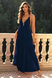 Deep V-Neck Backless Navy Formal Dress