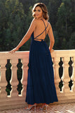 Deep V-Neck Backless Navy Formal Dress