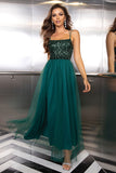 Sparkly Tulle Lace-Up Back Pine Formal Dress with Sequins