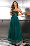 Sparkly Tulle Lace-Up Back Pine Formal Dress with Sequins