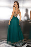 Sparkly Tulle Lace-Up Back Pine Formal Dress with Sequins