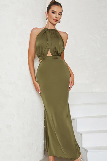 Mermaid Halter Backless Olive Party Dress