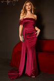 Mermaid Off The Shoulder Burgundy Formal Dress with Ruffles