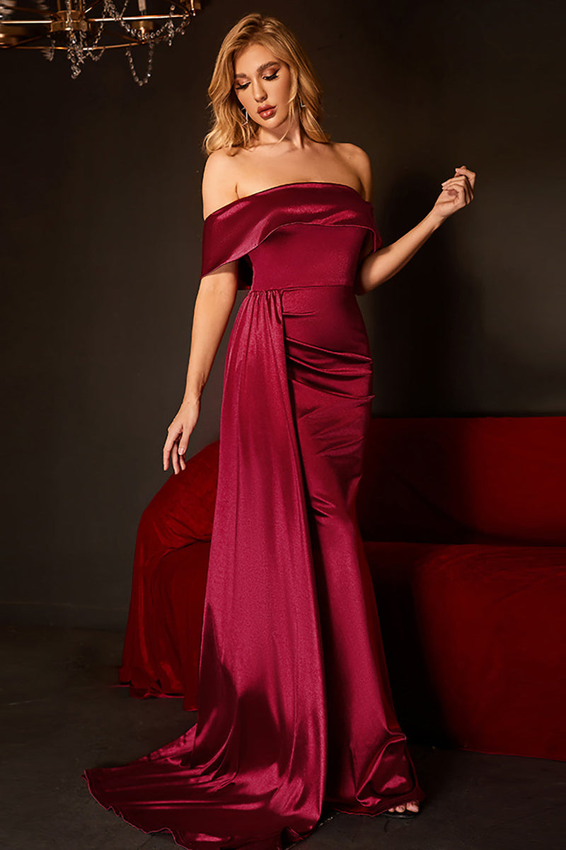 Load image into Gallery viewer, Mermaid Off The Shoulder Burgundy Formal Dress with Ruffles
