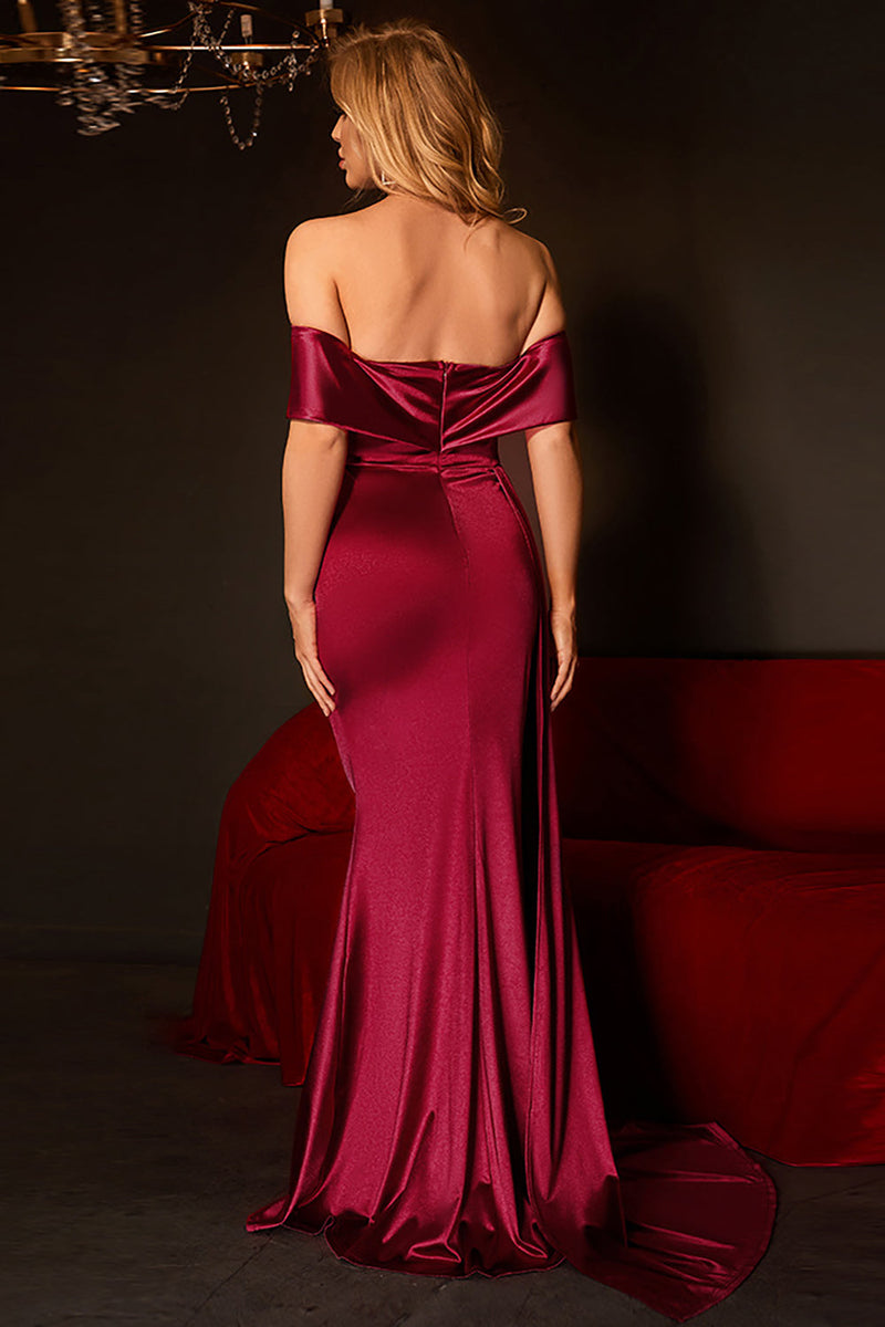 Load image into Gallery viewer, Mermaid Off The Shoulder Burgundy Formal Dress with Ruffles