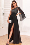 Sparkly One Shoulder Black Formal Dress with Sequins