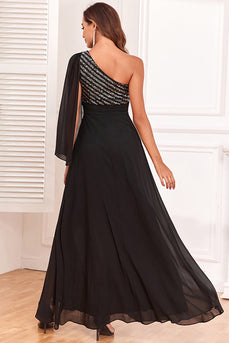Sparkly One Shoulder Black Formal Dress with Sequins