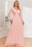 Chiffon V-Neck Blush Formal Dress with Long Sleeves