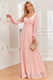 Chiffon V-Neck Blush Formal Dress with Long Sleeves