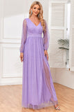 A-Line Long Sleeves Lilac Formal Dress with Slit