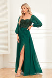 Sparkly Sweetheart Long Sleeves Pine Formal Dress with Sequins