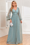 A-Line Sequins Blue Formal Dress with Long Sleeves