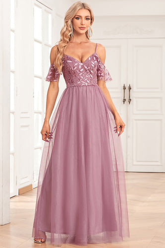 A-Line Cold Shoulder Dusty Rose Formal Dress