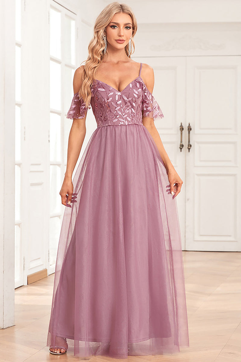 Load image into Gallery viewer, A-Line Cold Shoulder Dusty Rose Formal Dress