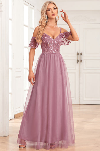 A-Line Cold Shoulder Dusty Rose Formal Dress