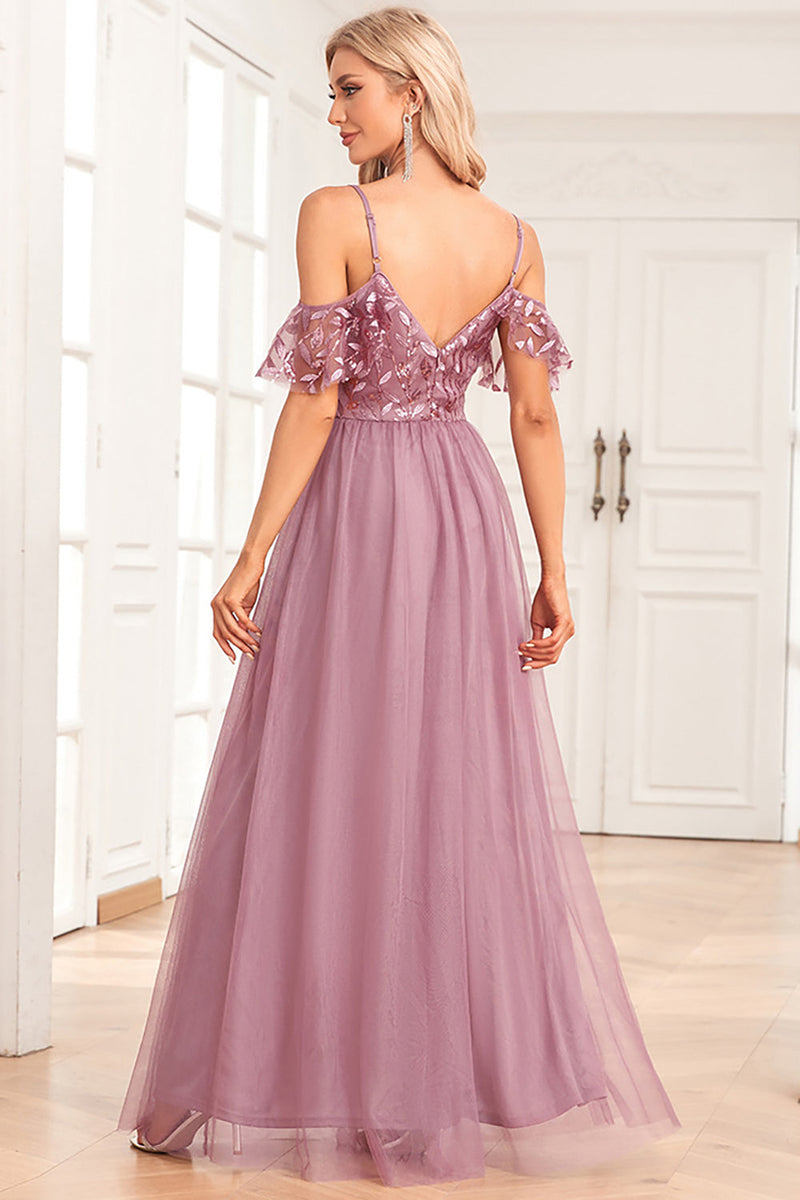 Load image into Gallery viewer, A-Line Cold Shoulder Dusty Rose Formal Dress