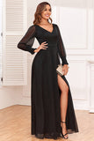 Glitter A-Line Long Sleeves Black Formal Dress with Slit