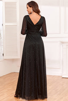 Glitter A-Line Long Sleeves Black Formal Dress with Slit