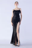 Black Spaghetti Straps Sheath Sequin Formal Dress with Feather