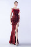 Black Spaghetti Straps Sheath Sequin Formal Dress with Feather