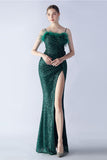 Black Spaghetti Straps Sheath Sequin Formal Dress with Feather