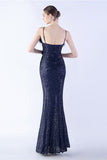 Black Spaghetti Straps Sheath Sequin Formal Dress with Feather